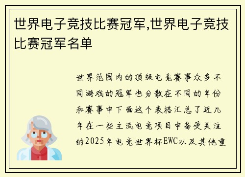 世界电子竞技比赛冠军,世界电子竞技比赛冠军名单